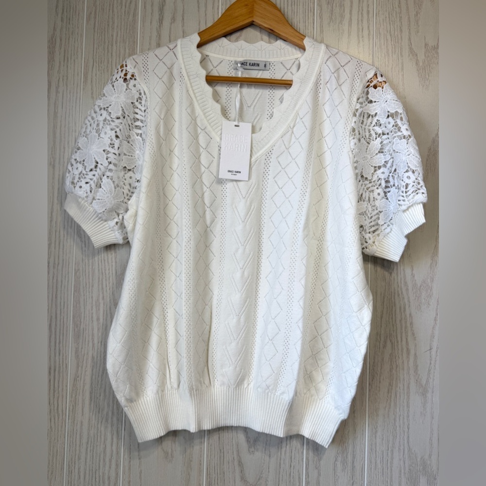 Grace Karin White Knit Top with Lace Puff Sleeves